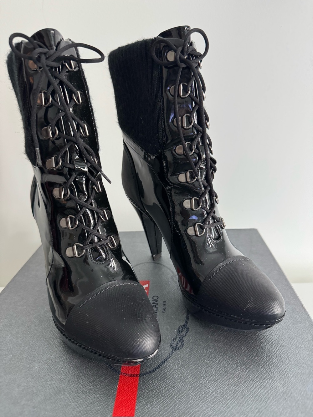 Prada Black Patent Lace-Up Knit-Cuff Ankle Boots - Picture 2 of 7